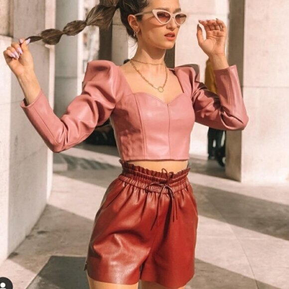 Zara Faux Leather Puff Shoulders Marsala Crop Top/Blouse Blogger Favorite NWT - Picture 5 of 16
